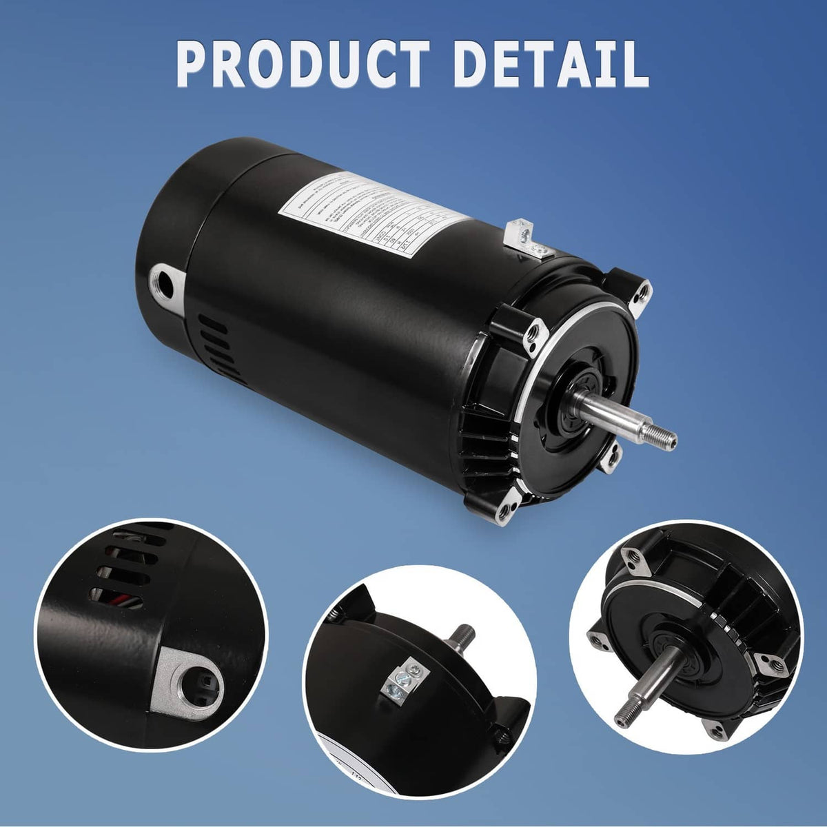 Black cylindrical pool pump motor with label and front mounting flange