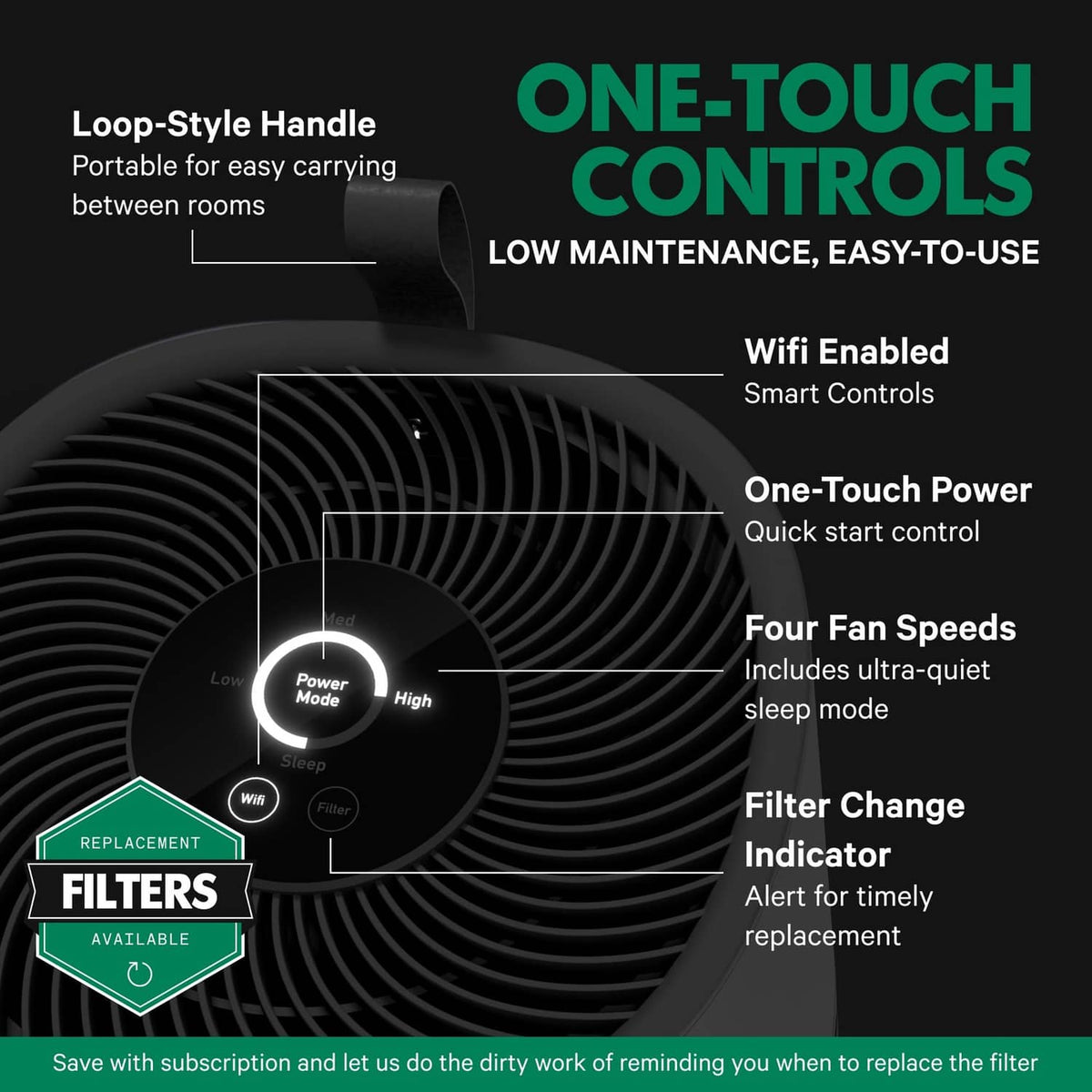 Black air purifier front with circular one-touch control dial and speed indicator