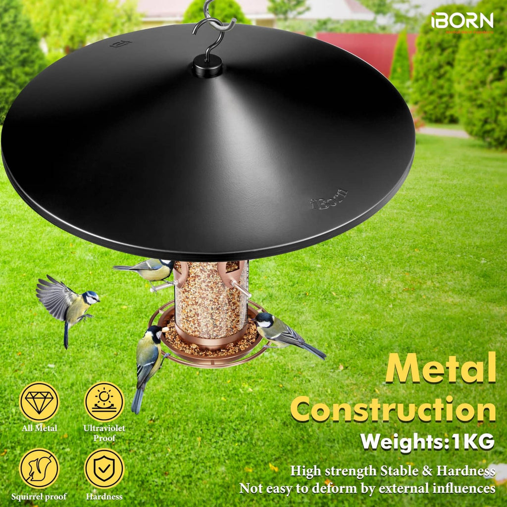 Matte black hanging baffle with top hook, protects bird seed feeder area