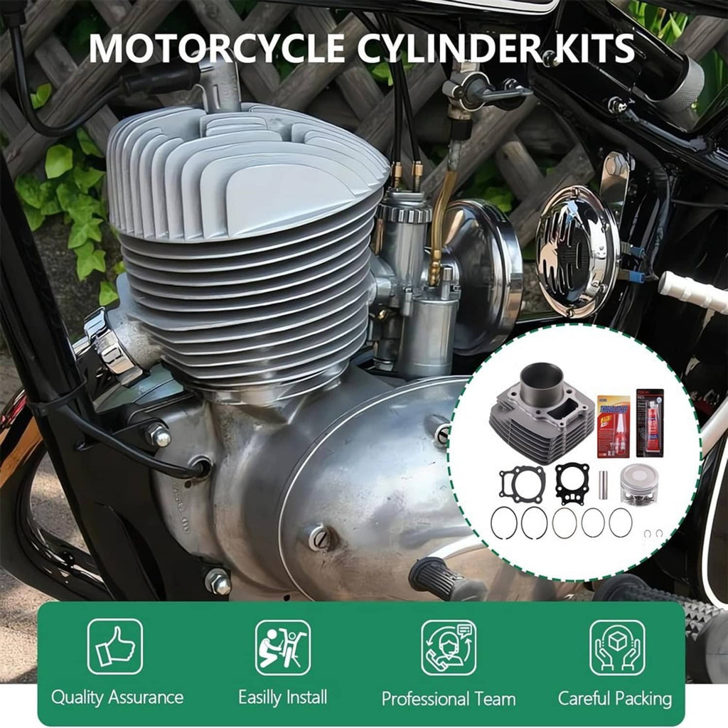 Motorcycle cylinder kit installed in engine bay with piston, cylinder and gasket components