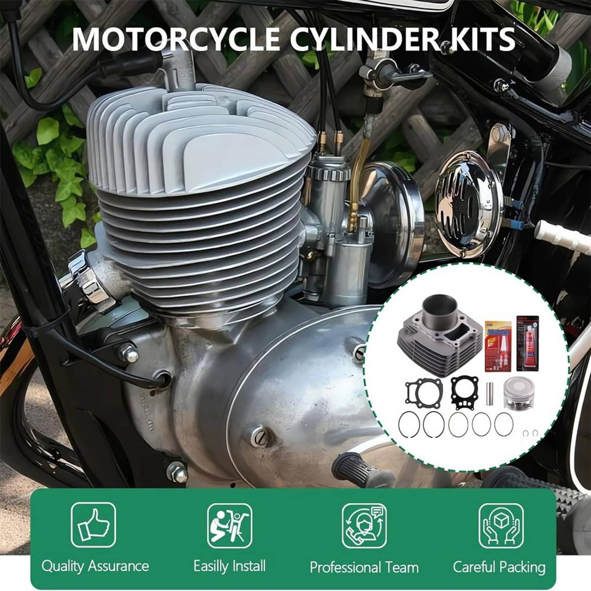 Motorcycle cylinder kit installed in engine bay with piston, cylinder and gasket components