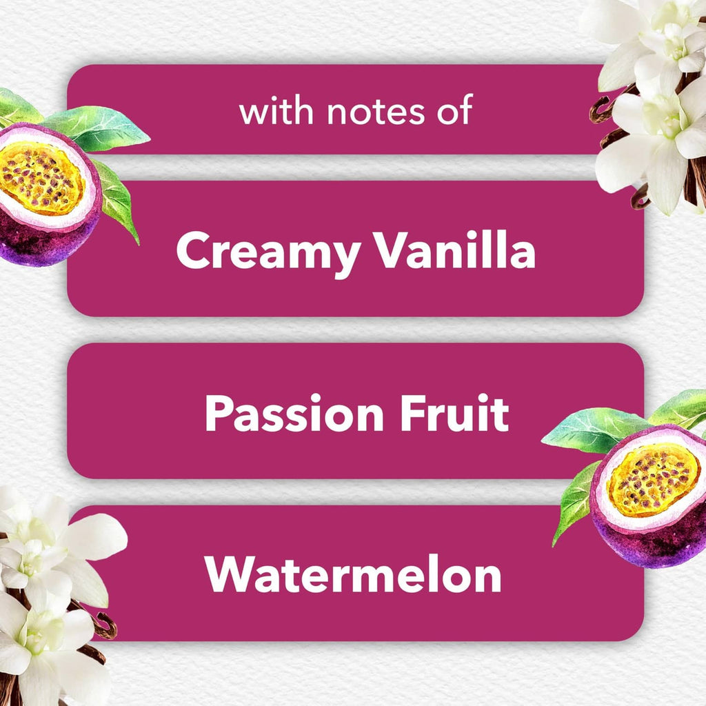 Fragrance notes card: Creamy Vanilla, Passion Fruit, Watermelon for plug-in refills