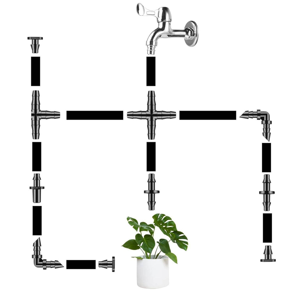 Black barbed drip irrigation connectors assembled into a cross and corner layout for hoses