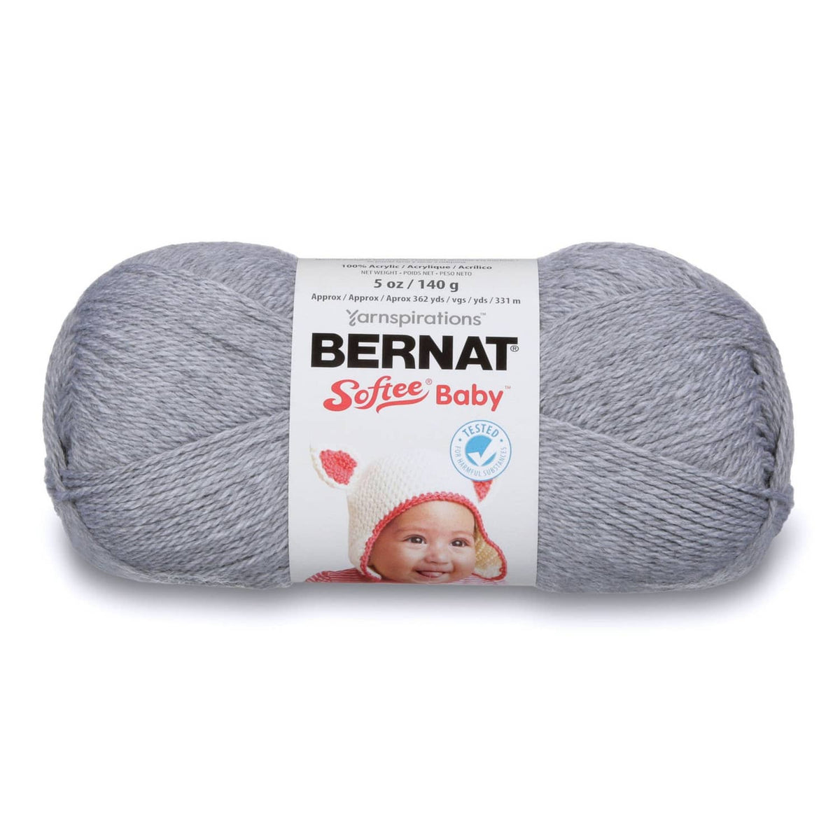 Light gray acrylic baby yarn skein, 140 g label on center