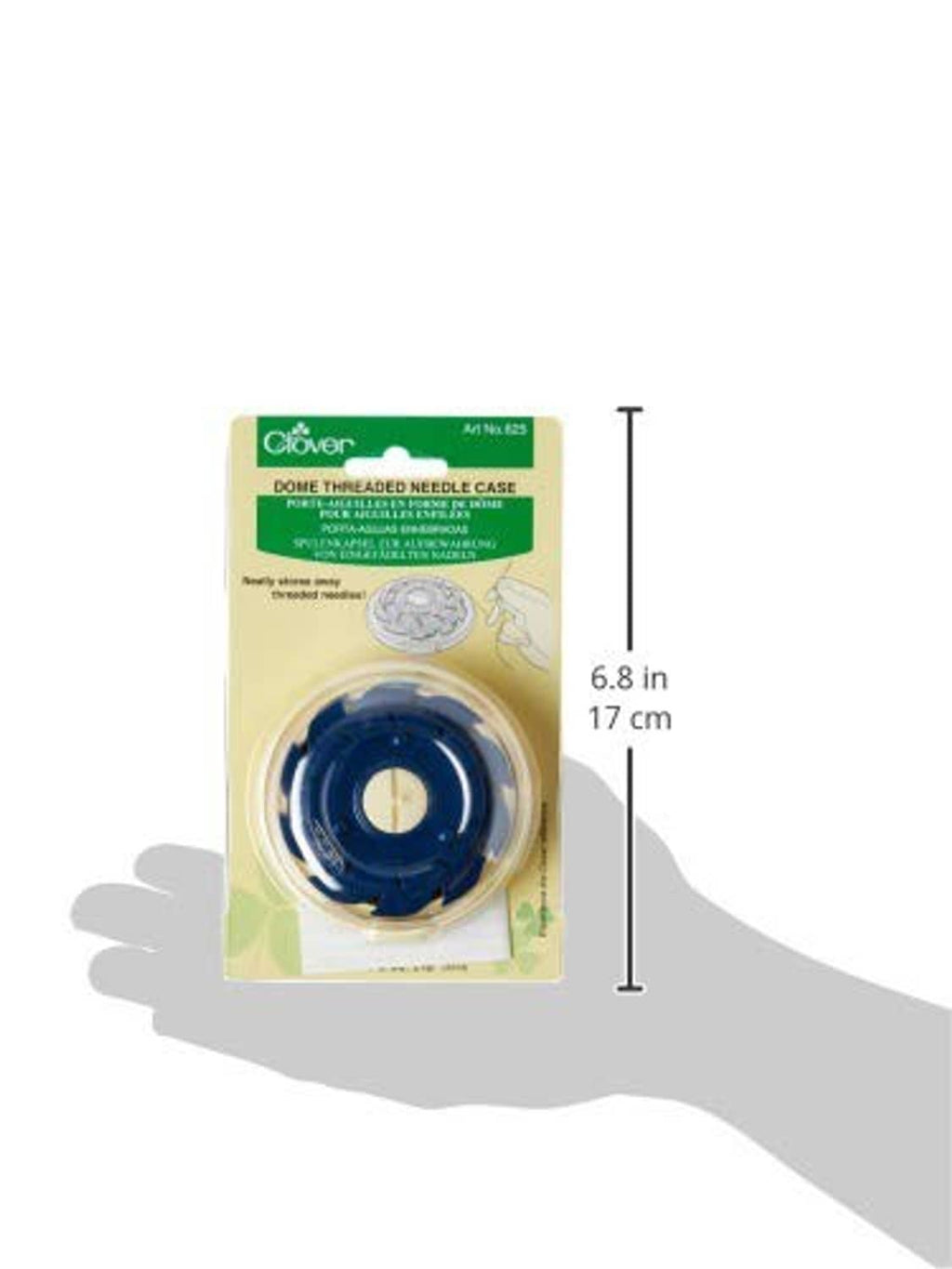Dome threaded needle case in blister pack on card, size 6.8 in shown