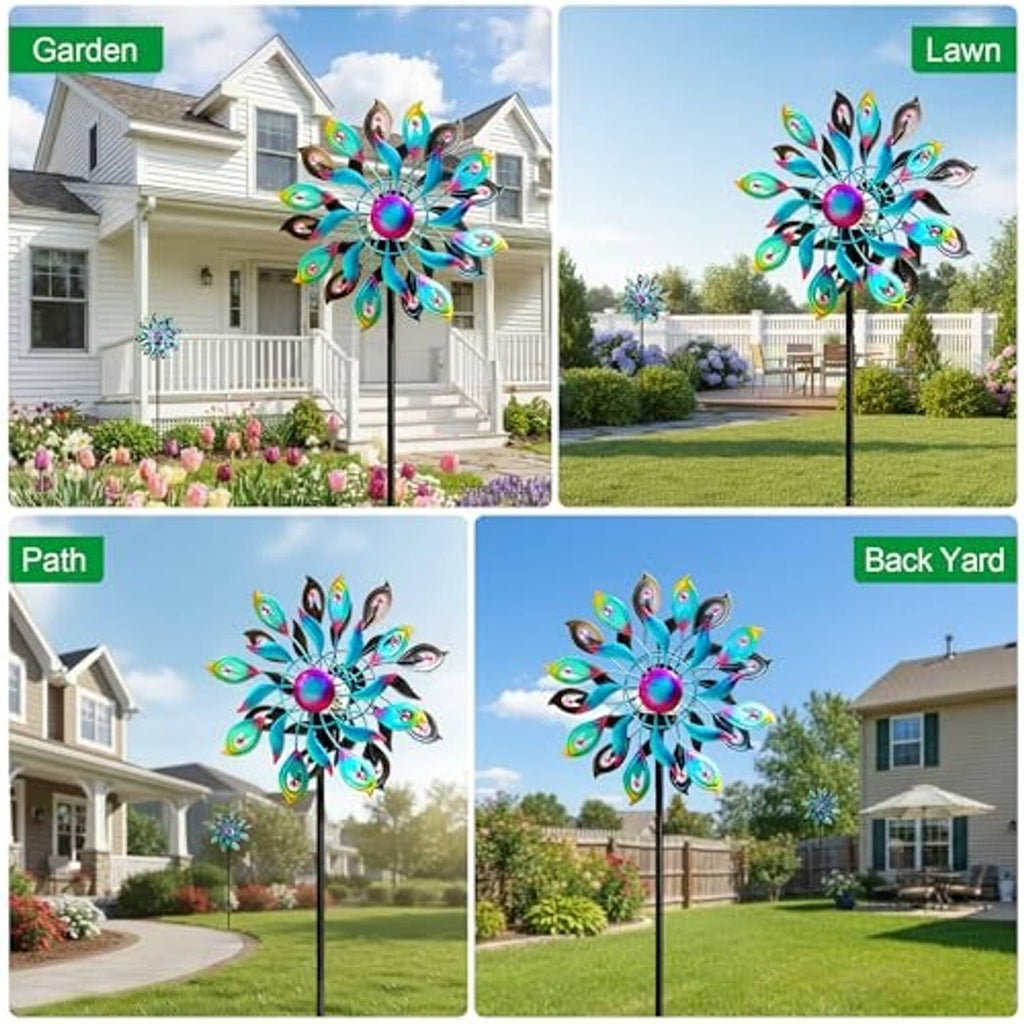 Peacock wind spinner shown for yard, lawn, path, and back yard placement on a pole