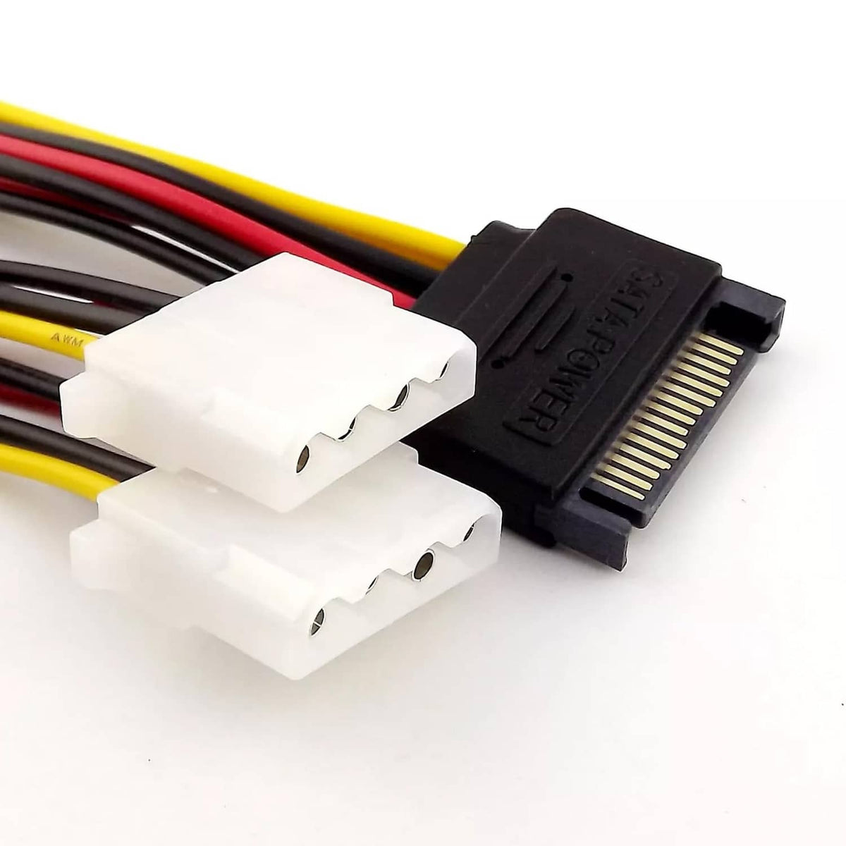Close-up of dual white Molex female connectors with black SATA plug and colored wires