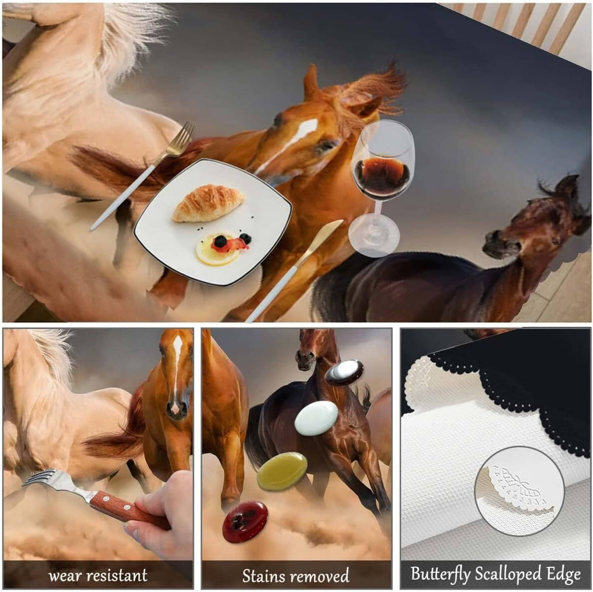 Horse-print rectangular tablecloth with stain-resistant, water-safe surface detail