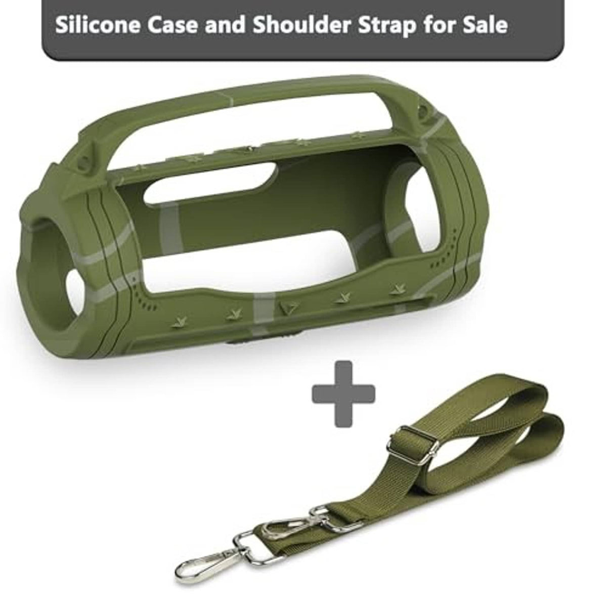 Green silicone speaker case with crossbody strap and metal clips; case shown with strap
