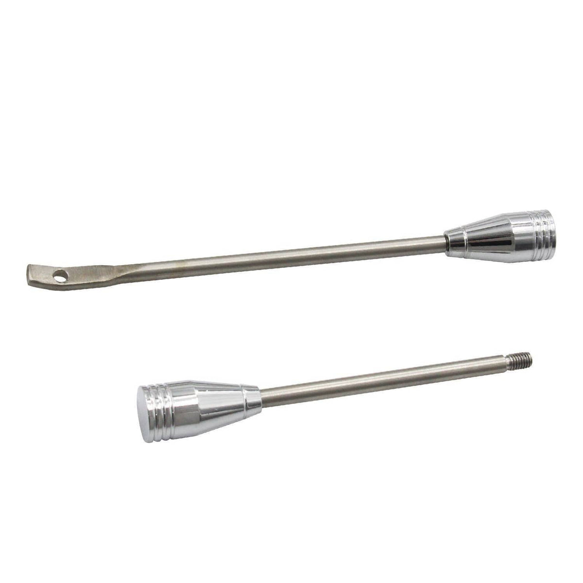 Polished chrome shift lever shafts with threaded ends and decorative grip caps