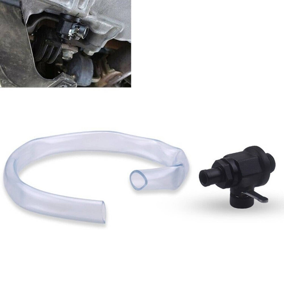 Oil drain valve plug with clear hose tube and black M14x1.5 outlet