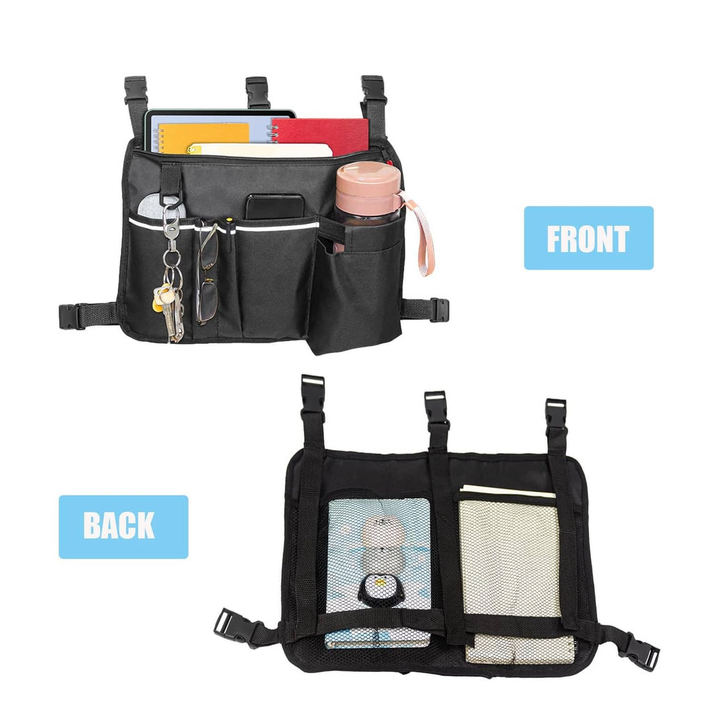 Black walker bag with front organizer pockets and back mesh panel