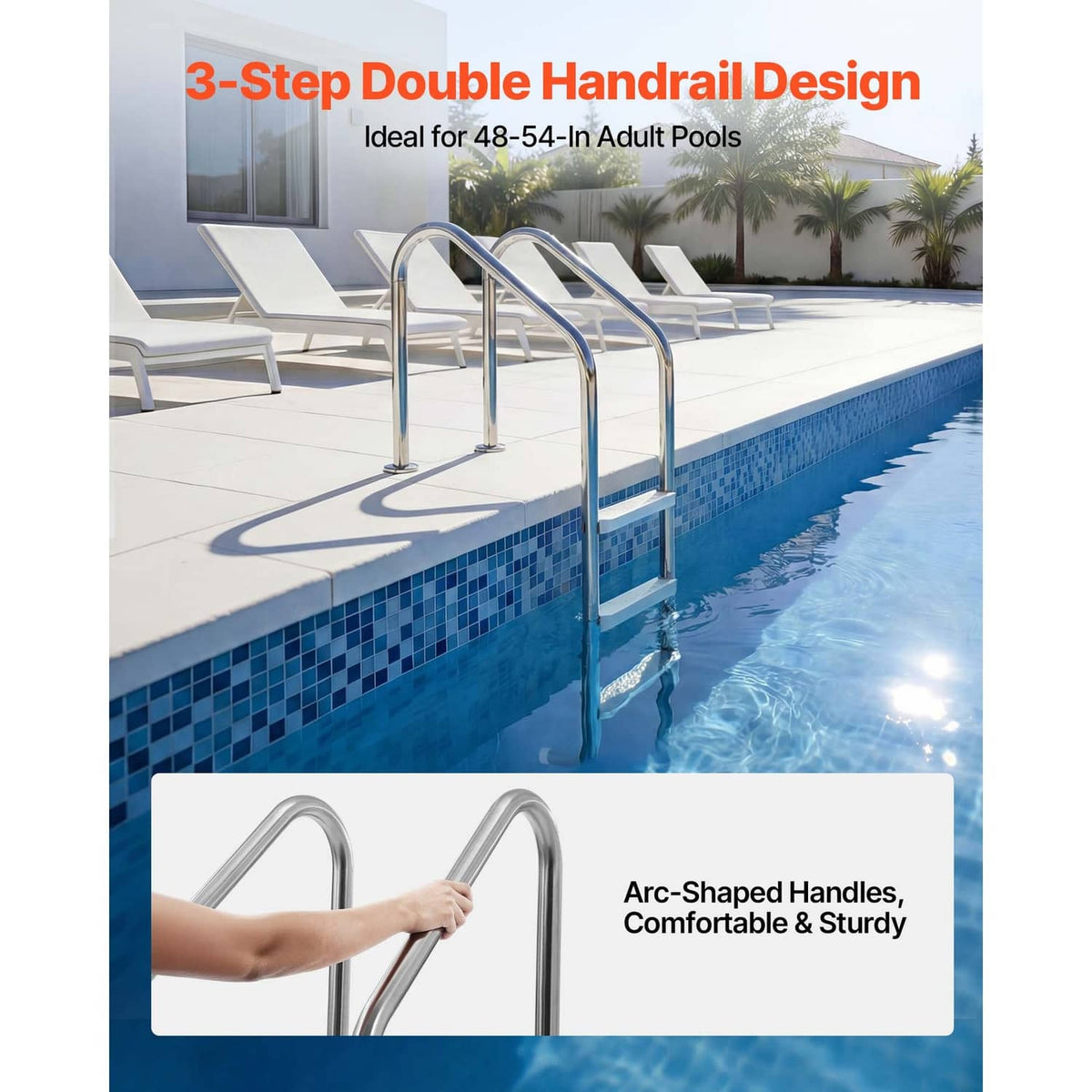 3-step inground pool ladder with stainless handrails and two lower curved step supports
