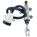 Rear brake master cylinder with black hose and white fluid reservoir