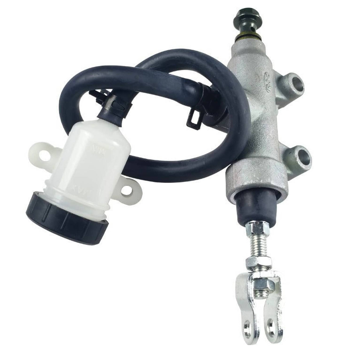 Rear brake master cylinder with black hose and white fluid reservoir