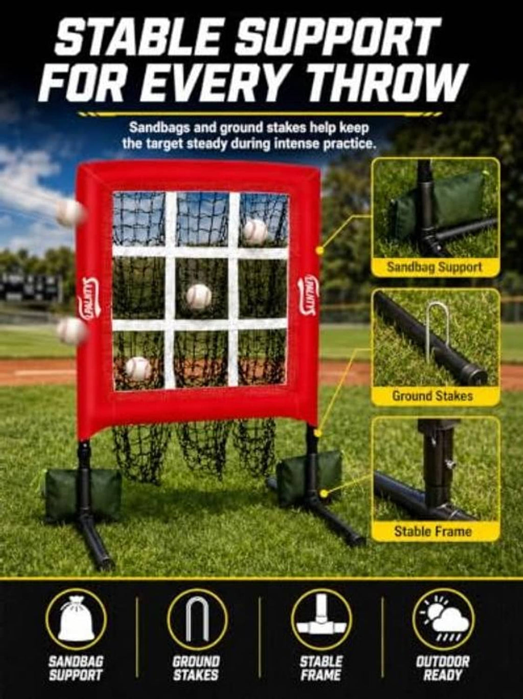 Red strike-zone pitching net with sandbags, ground stakes, and stable frame
