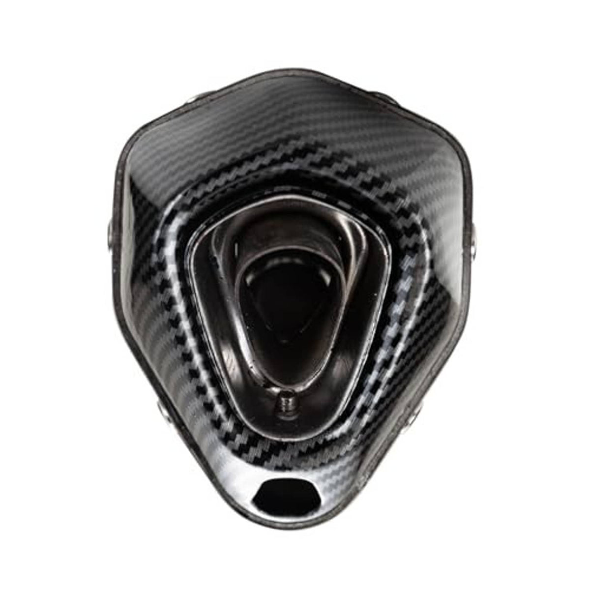 Carbon-fiber style exhaust heat shield cover with oval opening and mounting hole