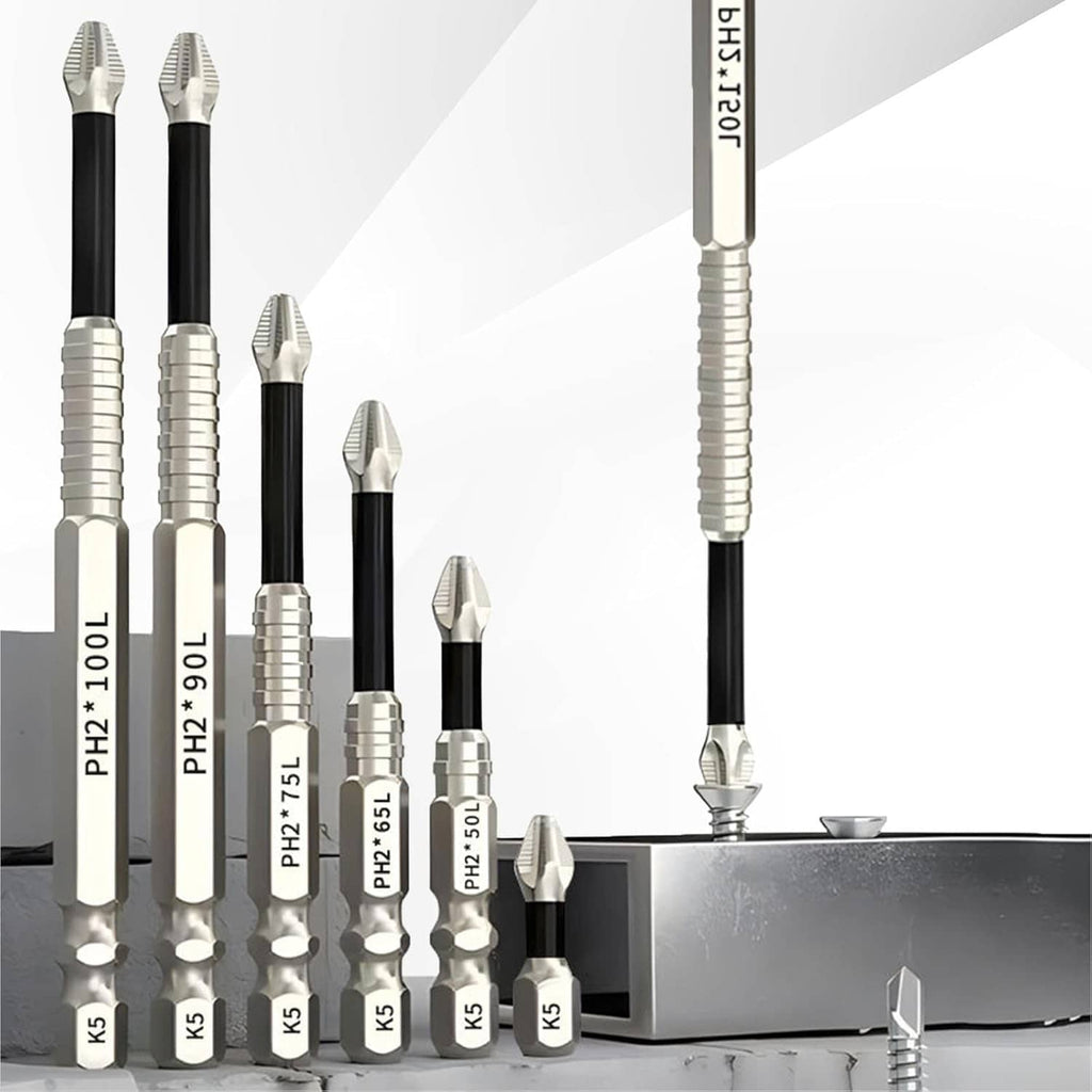 Magnetic bit set standing near a metal tray, black shafts with silver ribbed tips