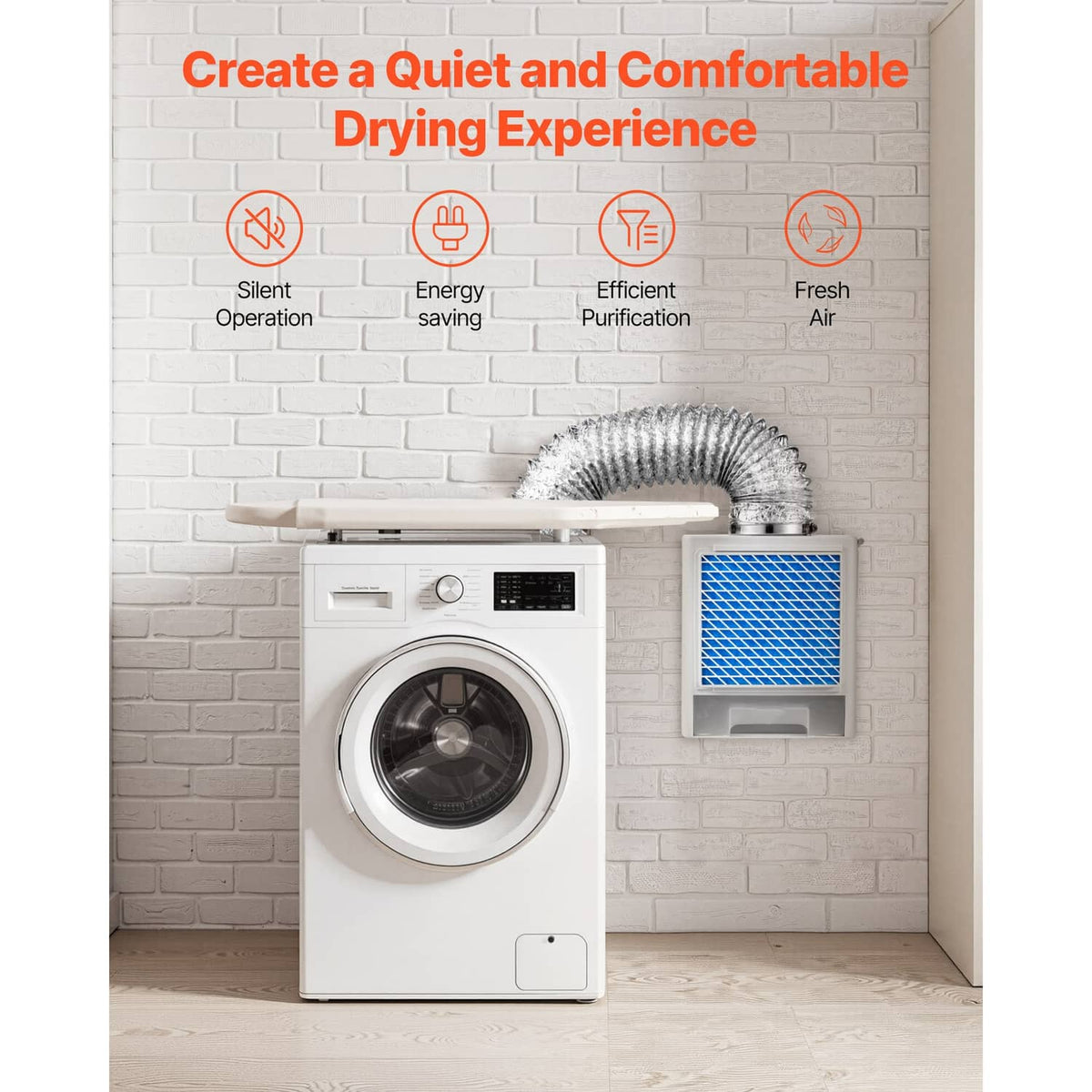Indoor dryer vent system with blue mesh filter and flexible metal duct connected