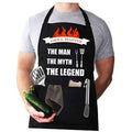 Black grilling apron with “The Man The Myth The Legend” graphic, adjustable neck strap