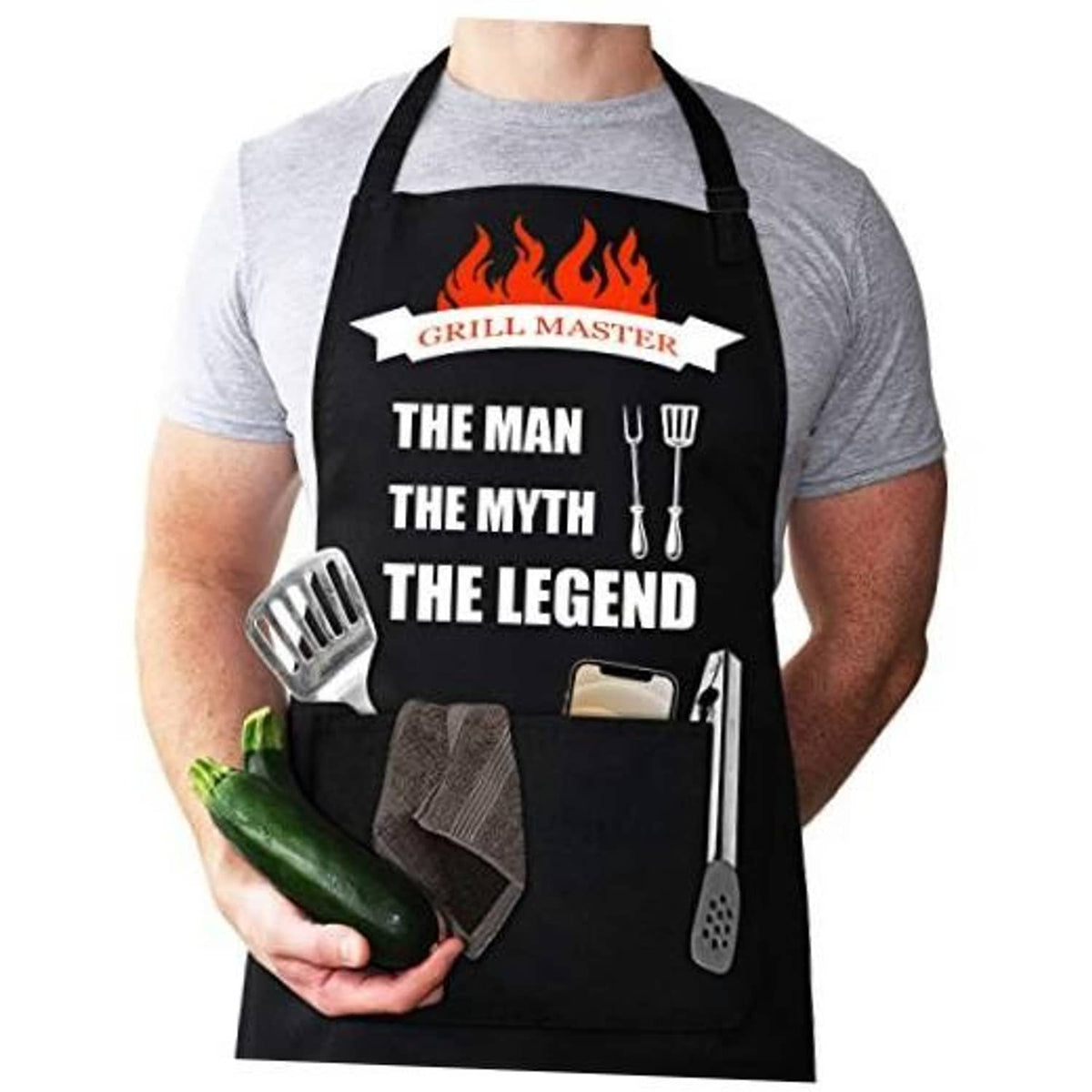 Black grilling apron with “The Man The Myth The Legend” graphic, adjustable neck strap
