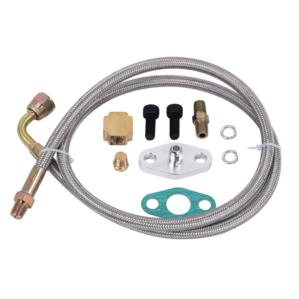 Turbo oil feed line kit with braided hose, brass connectors, flange plate, gasket, and bolts