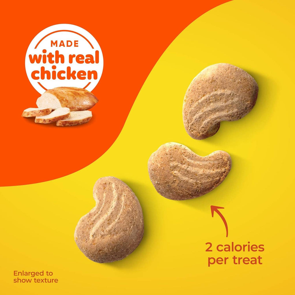 Soft cat treats with “made with real chicken” badge and “2 calories per treat”