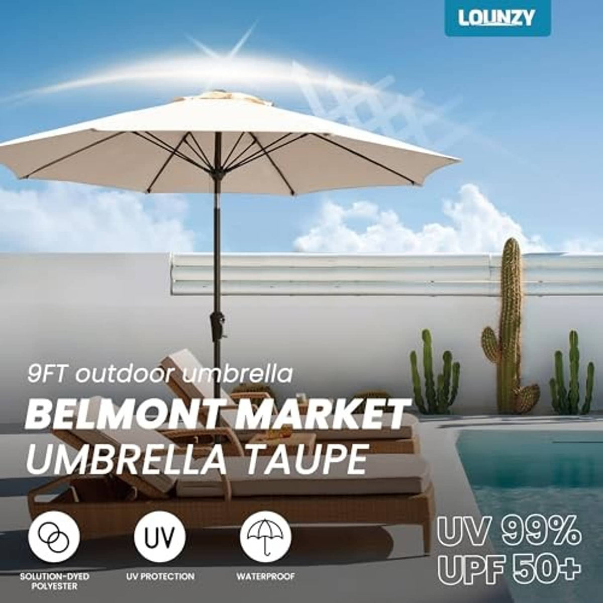 Taupe patio umbrella with open canopy and central pole for outdoor shade