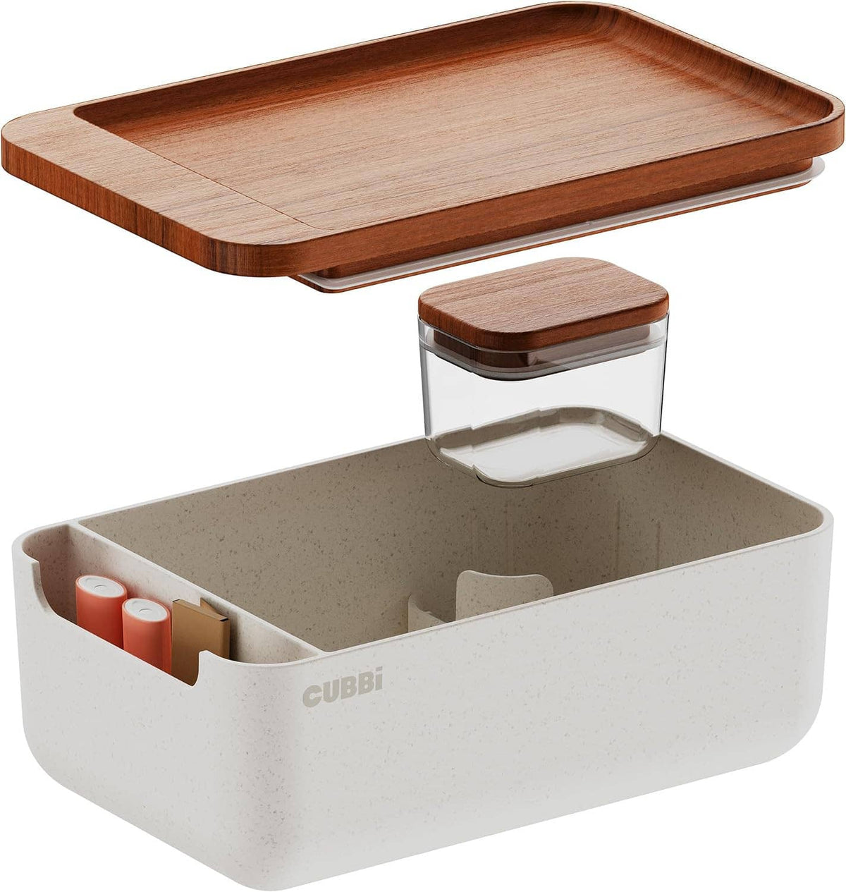 Airtight storage box with open lid, speckled gray base and small clear glass sealed container.