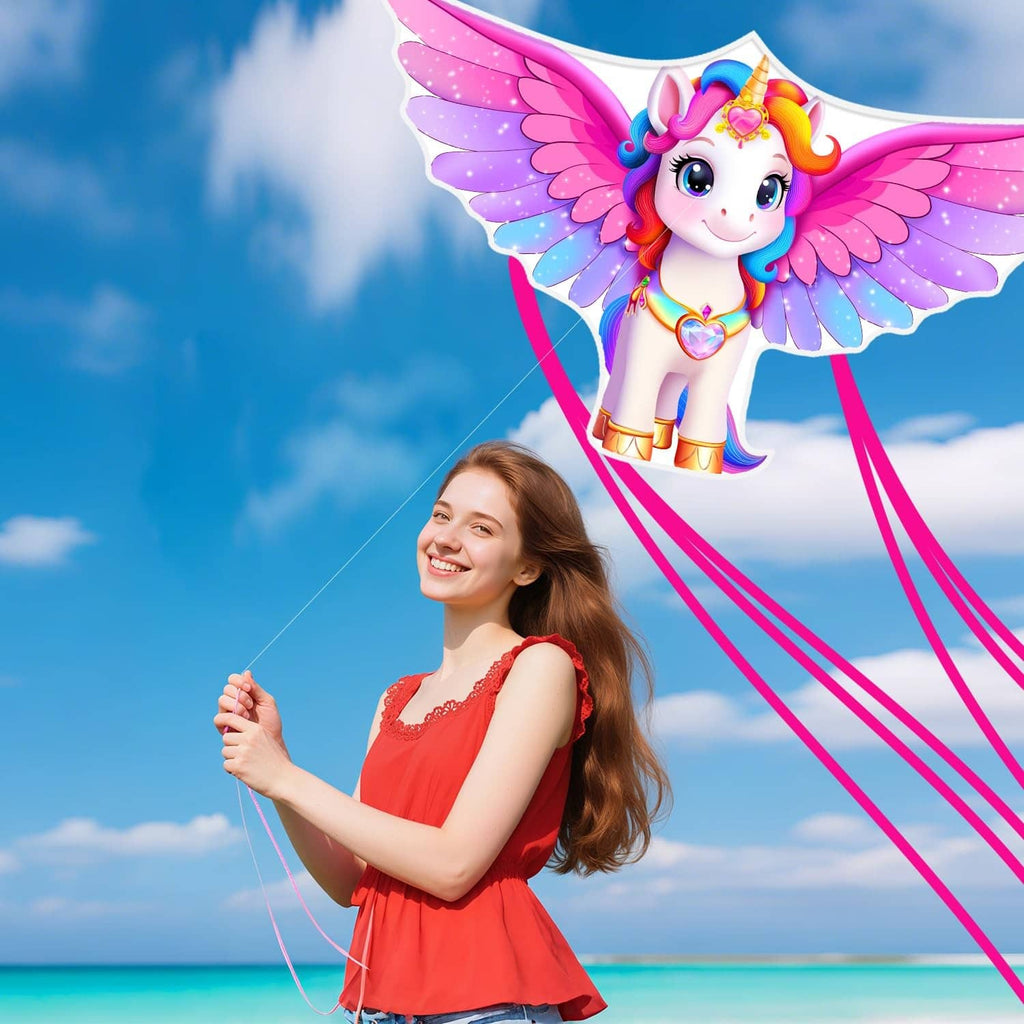 Unicorn kite in the sky with pink wings and red ribbon tails, ready to fly