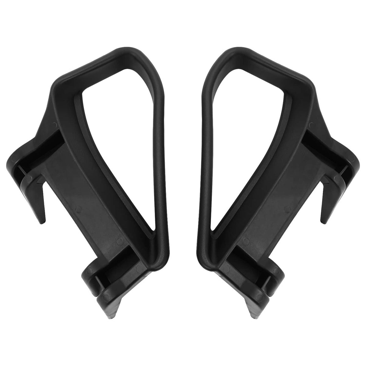 Set of two black plastic armrest/handle brackets with curved supports