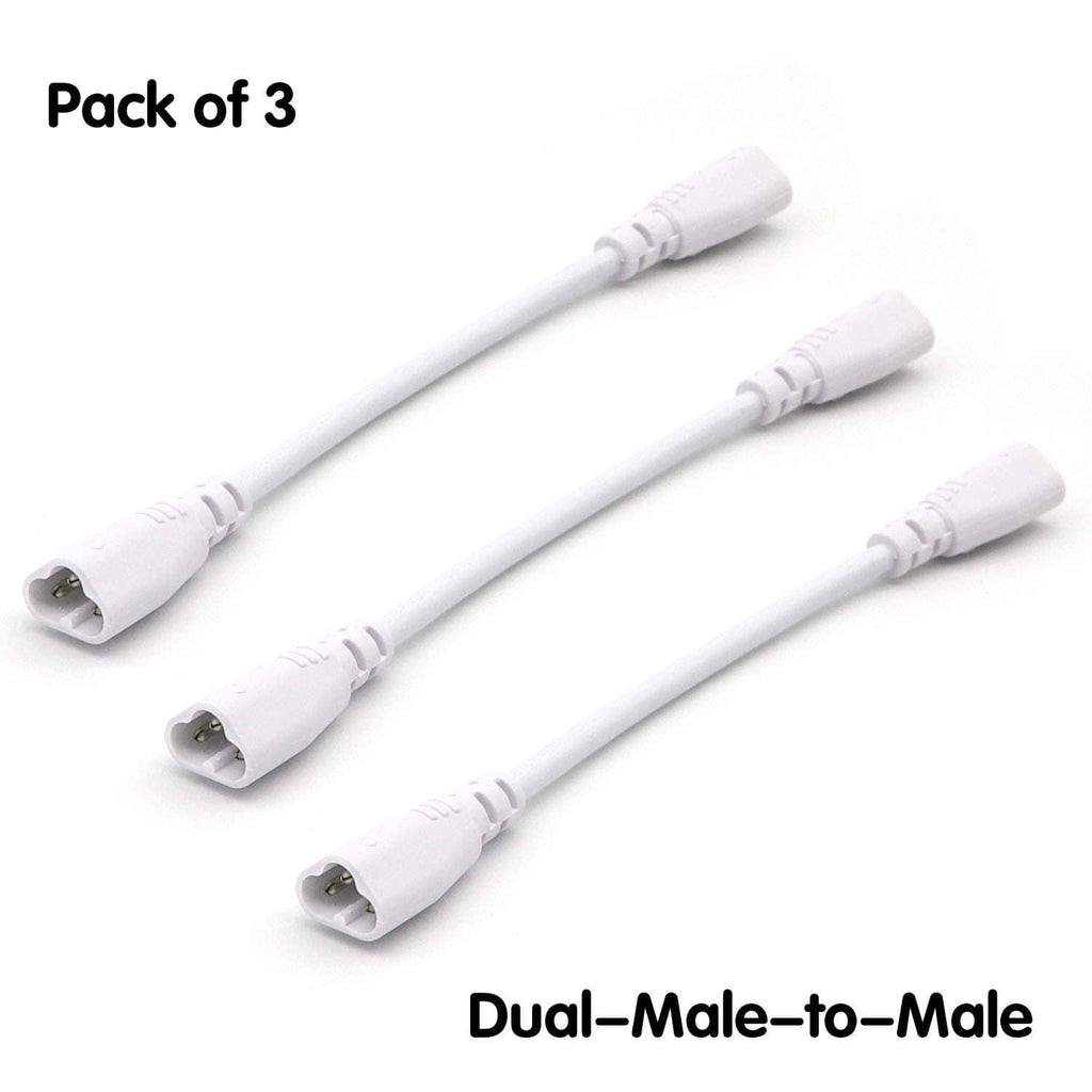 Set of three white LED tube connector extension cables with 3-pin male ends