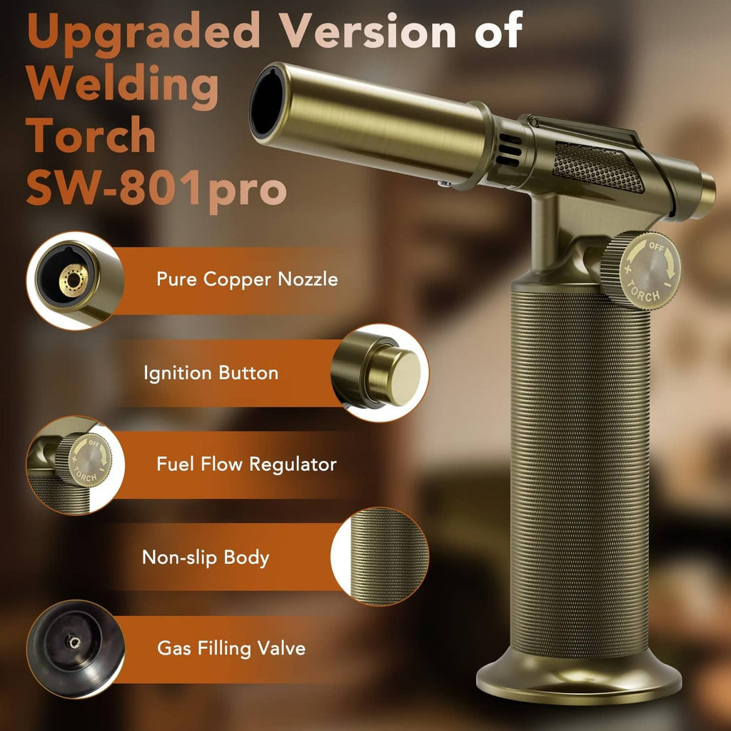 Gold butane micro torch with side ignition nozzle and textured handle grip