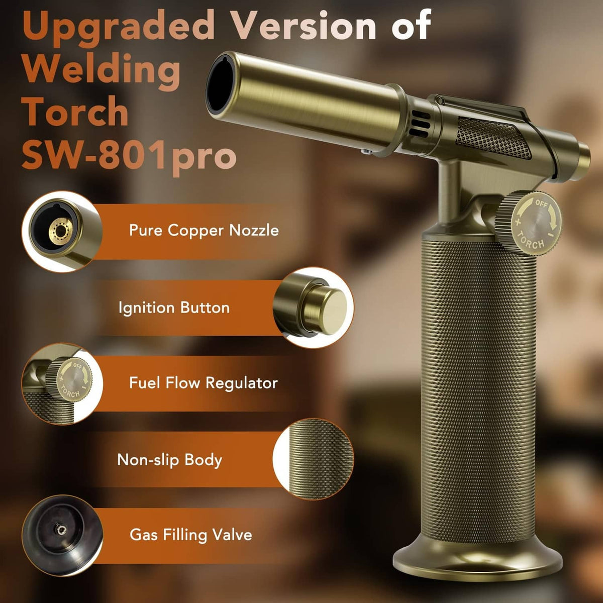 Gold butane micro torch with side ignition nozzle and textured handle grip