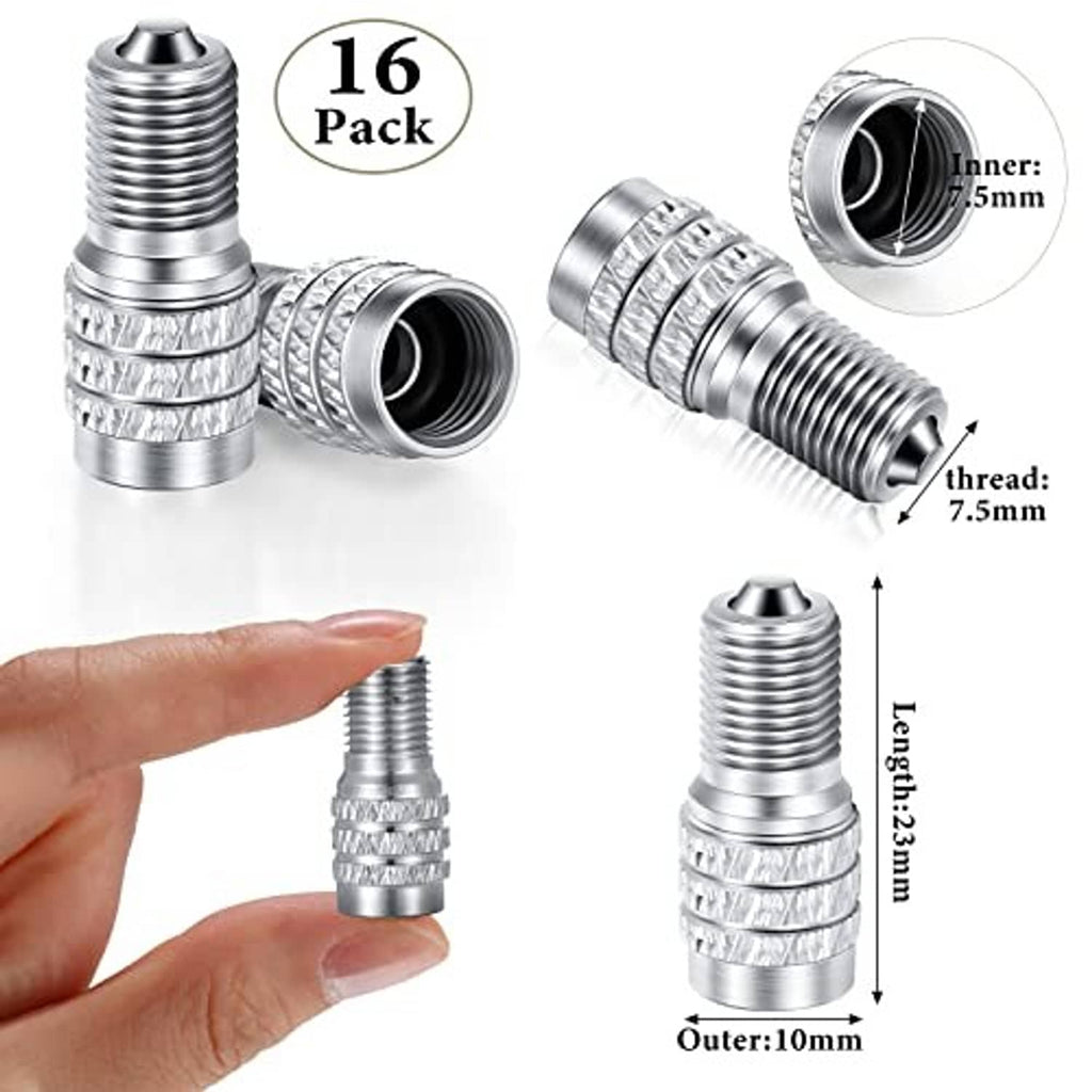16-pack tire valve stem caps shown with inner opening and threaded size markings