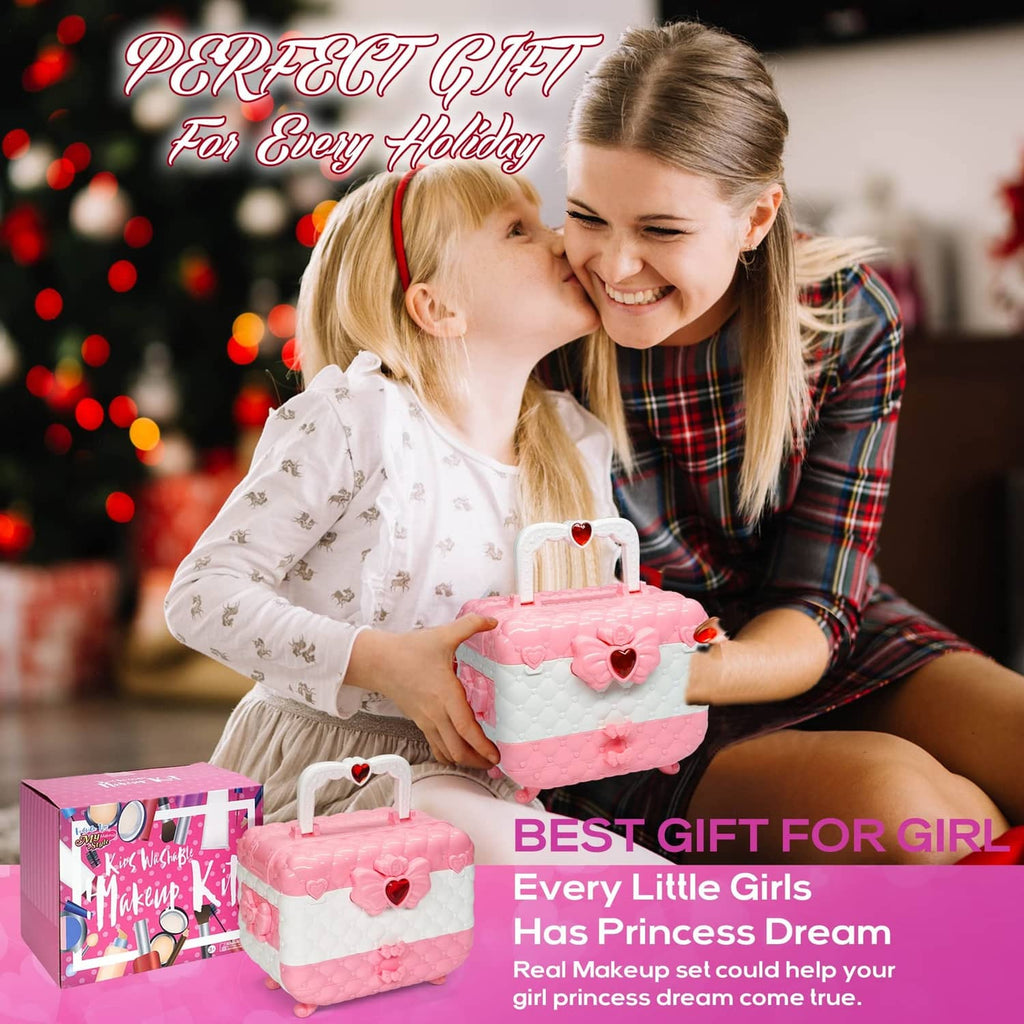 Pink kids makeup set with heart-lidded case held by child and parent