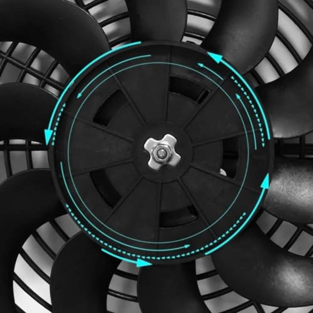 Black cooling fan with blue LED ring around motor hub and multi-blade grille close-up