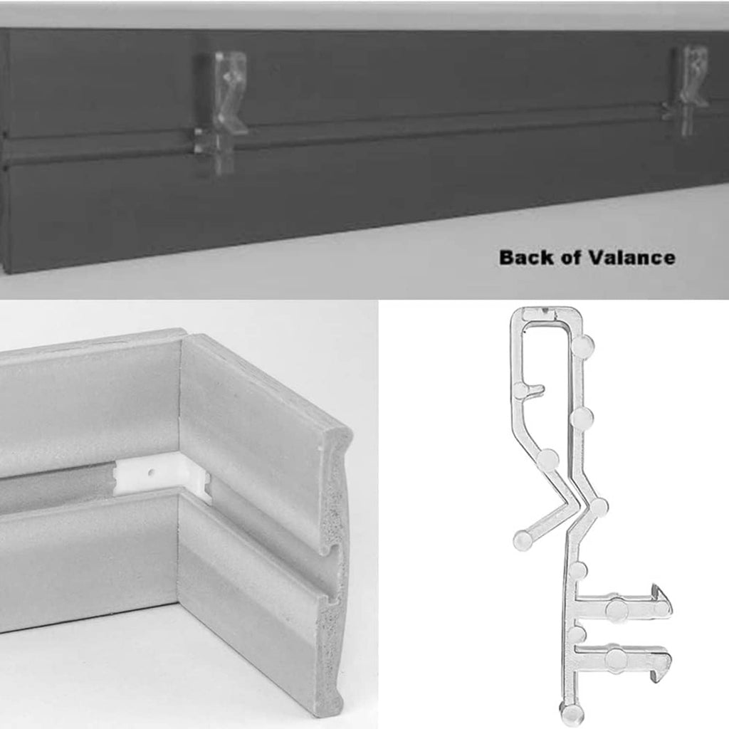 Back of valance with hidden channel clip on a rail, metal bracket with prongs