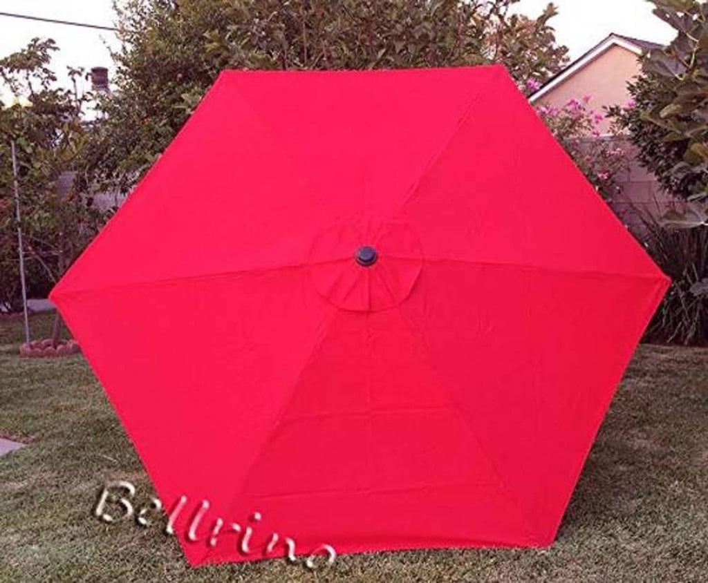 Red umbrella canopy cover with central button hub in eight-sided hex shape