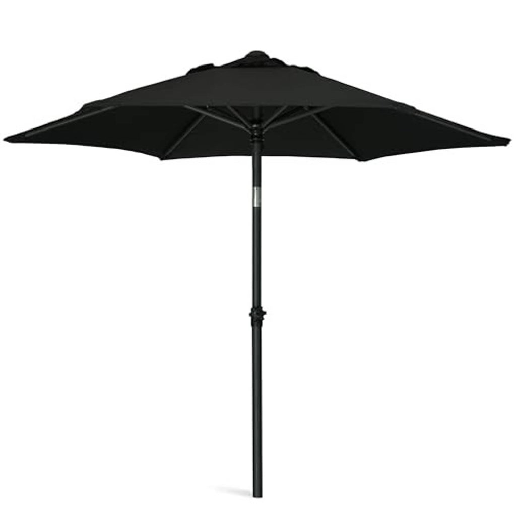 Black 6-ft patio umbrella with open canopy and center support pole