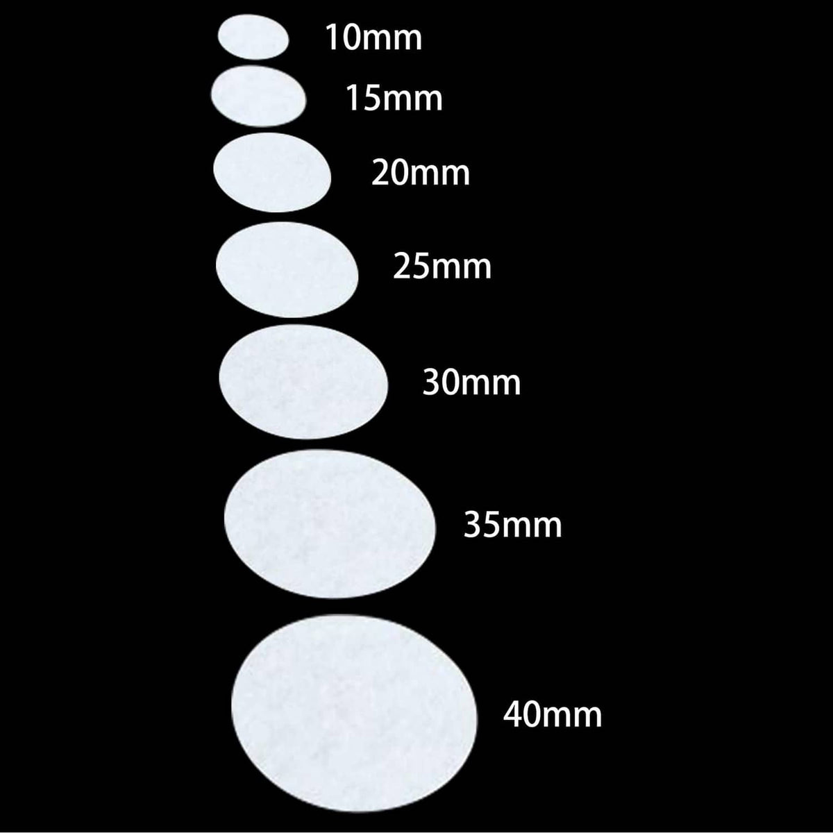 Round white cotton filter discs with size labels: 10mm to 40mm