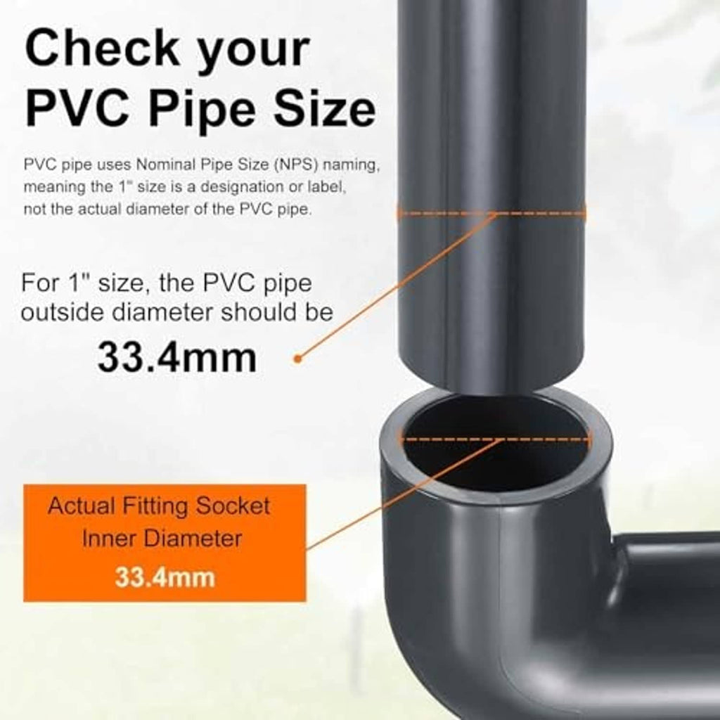 PVC size guide showing 1-inch outside diameter and elbow socket inner diameter (33.4mm)