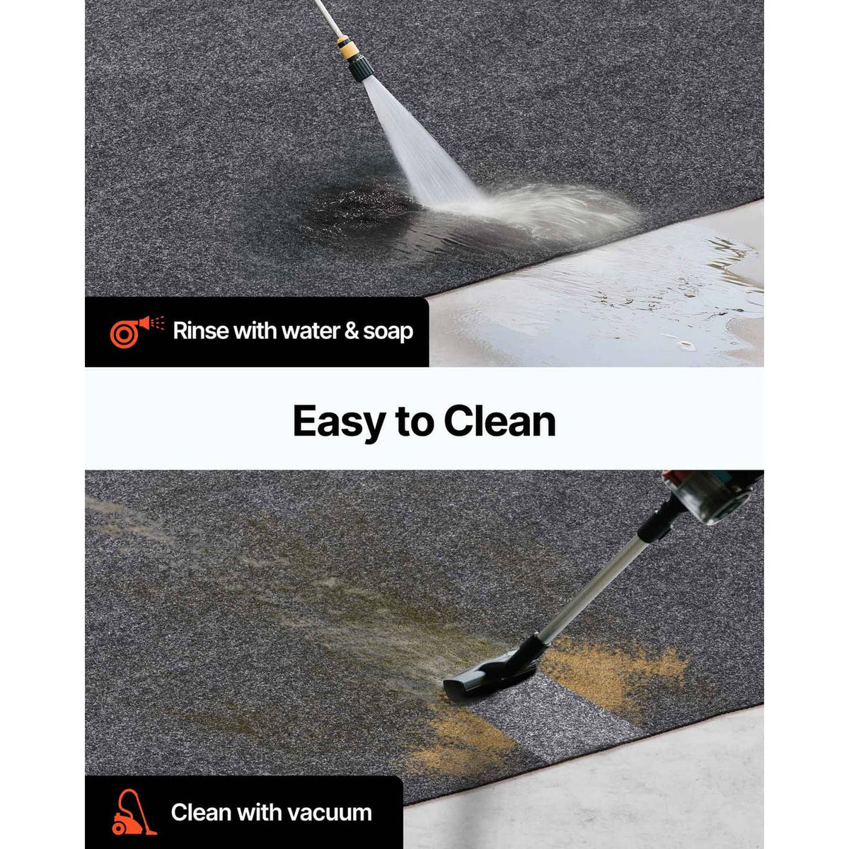 Dark gray oil absorbent mat with water and soap flow along felt surface