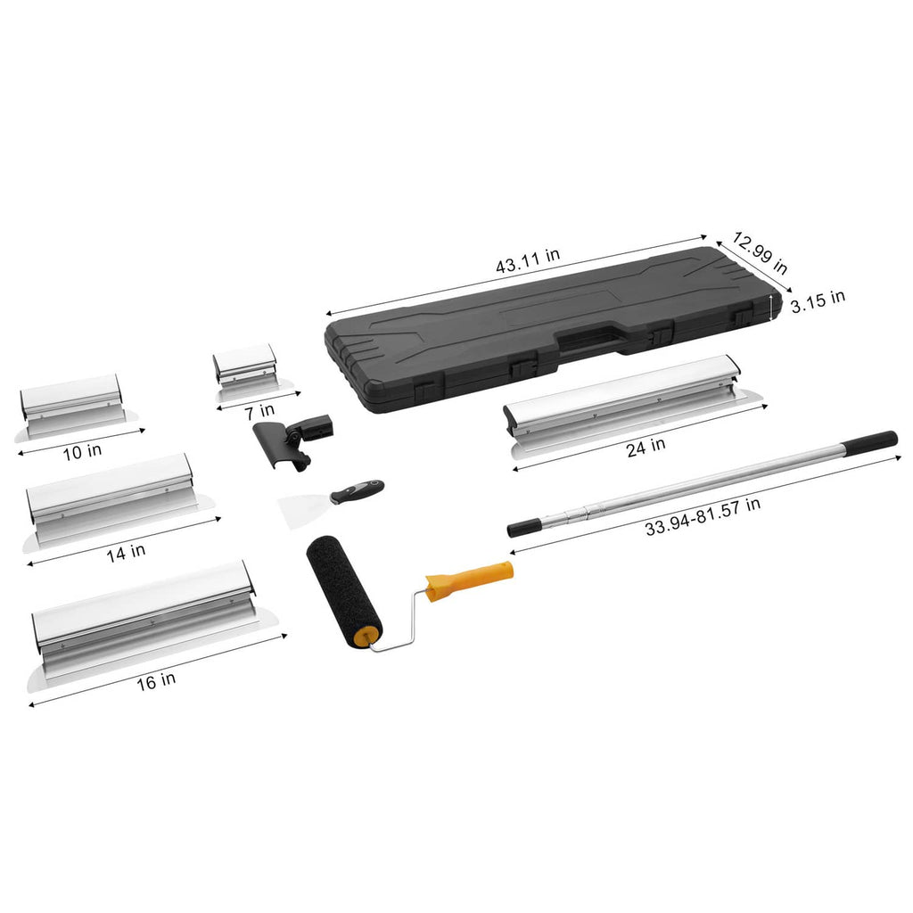 Drywall skimming blade kit exploded view with storage case, roller grip, and blade widths
