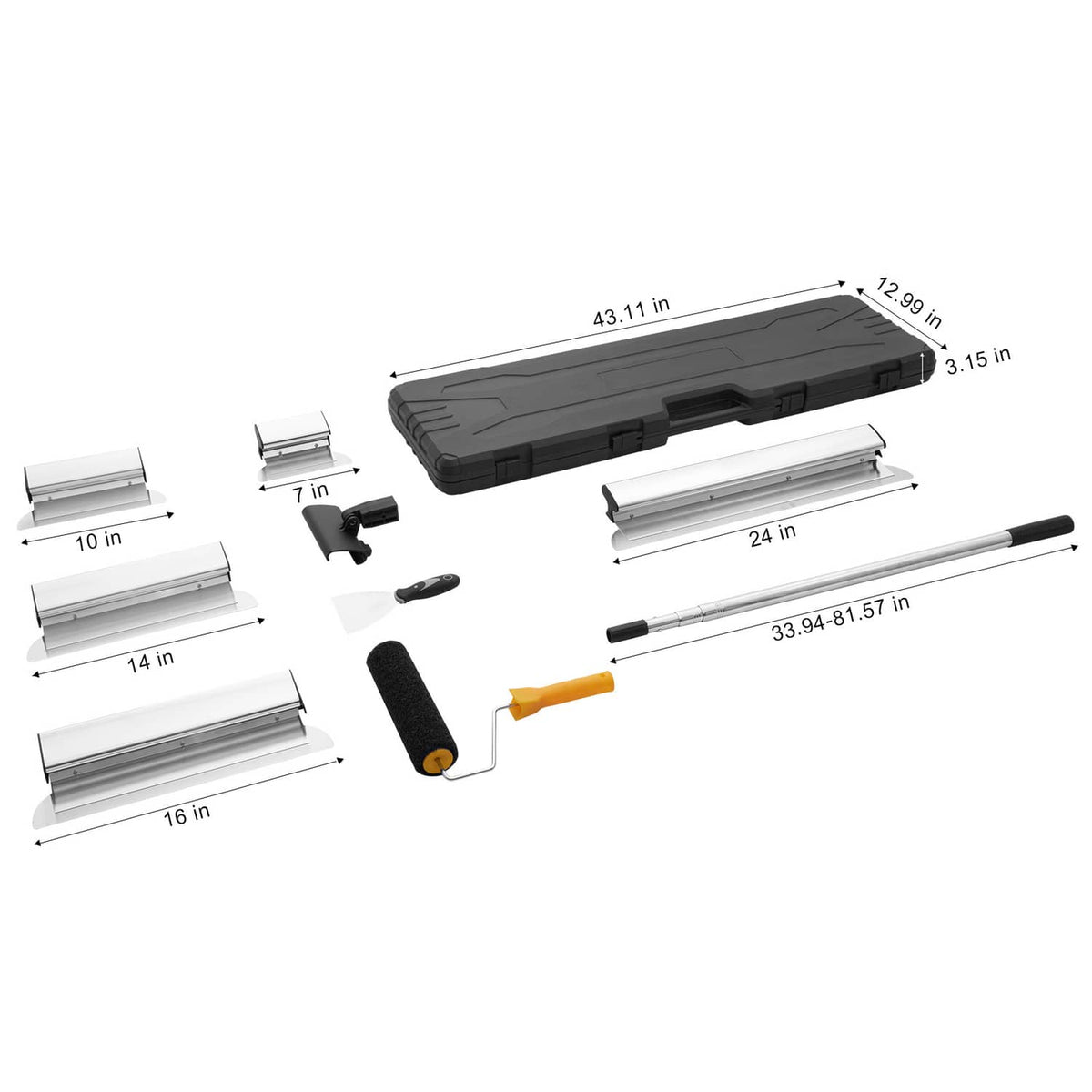 Drywall skimming blade kit exploded view with storage case, roller grip, and blade widths
