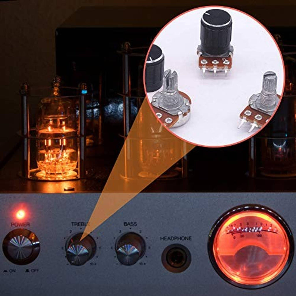 Rotary audio control panel with indicator dial; inset shows metal-shaft potentiometer