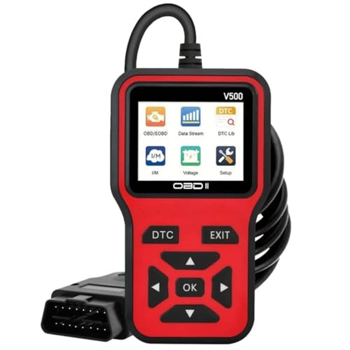 Red OBD2 scanner tool with display and attached OBD cable plug