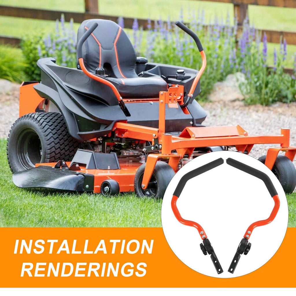 Orange and black steering arm kit shown for installation on a riding mower