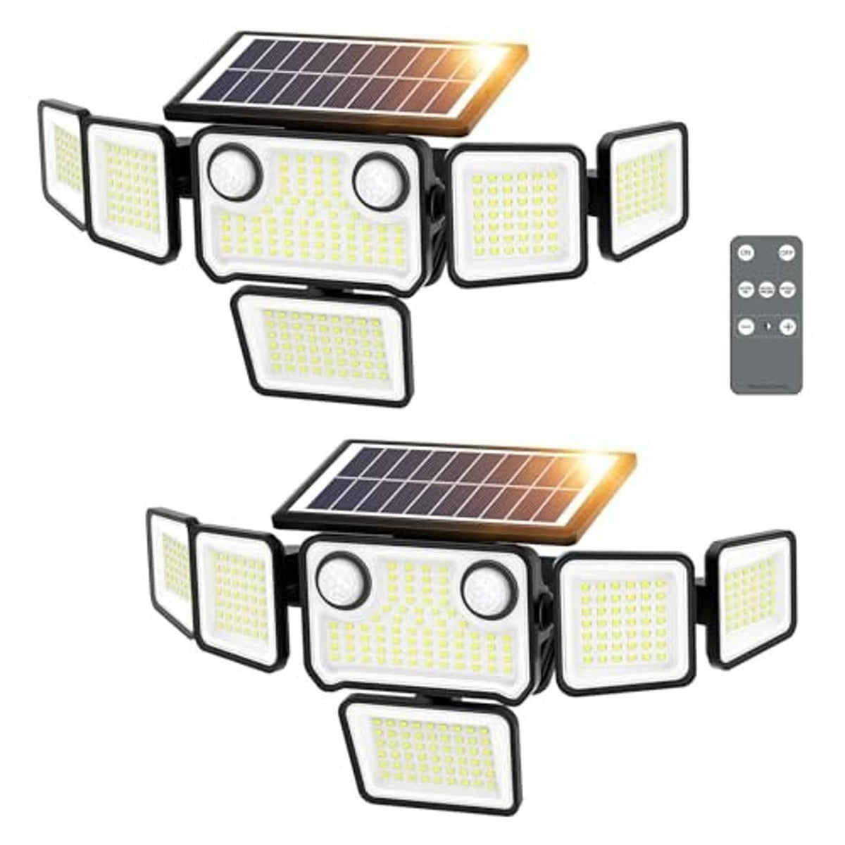 6-head solar floodlight with solar panel and five LED light modules, plus remote