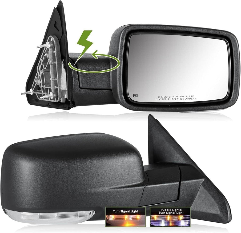 Power folding heated side mirror set with turn-signal style lights, black housing